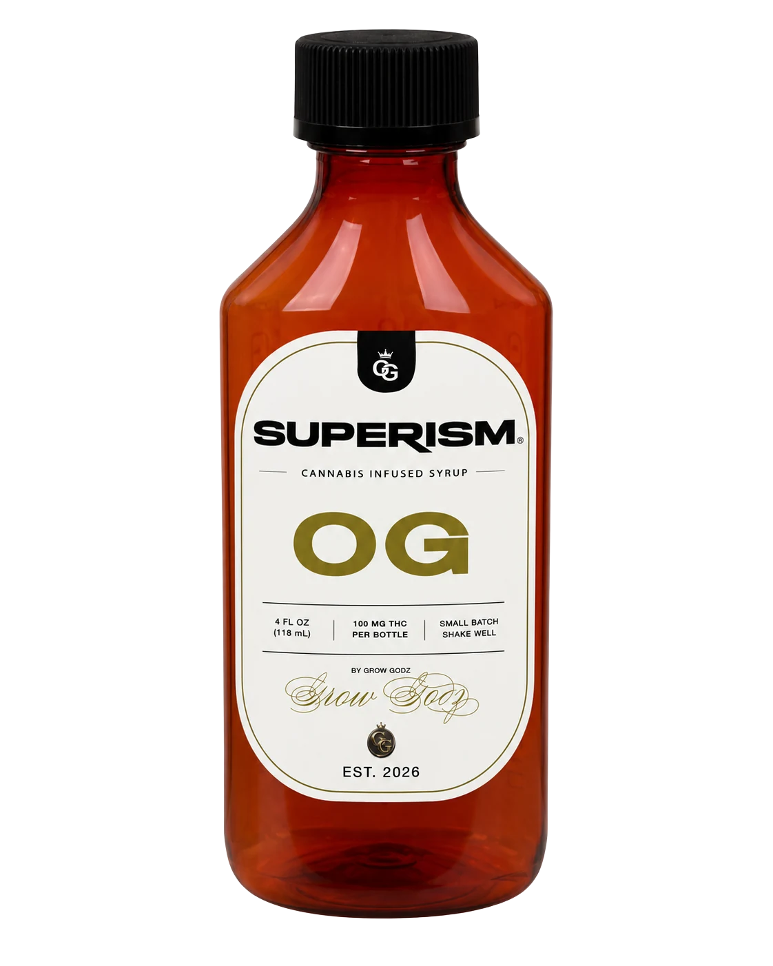 Superism OG cannabis syrup concept bottle