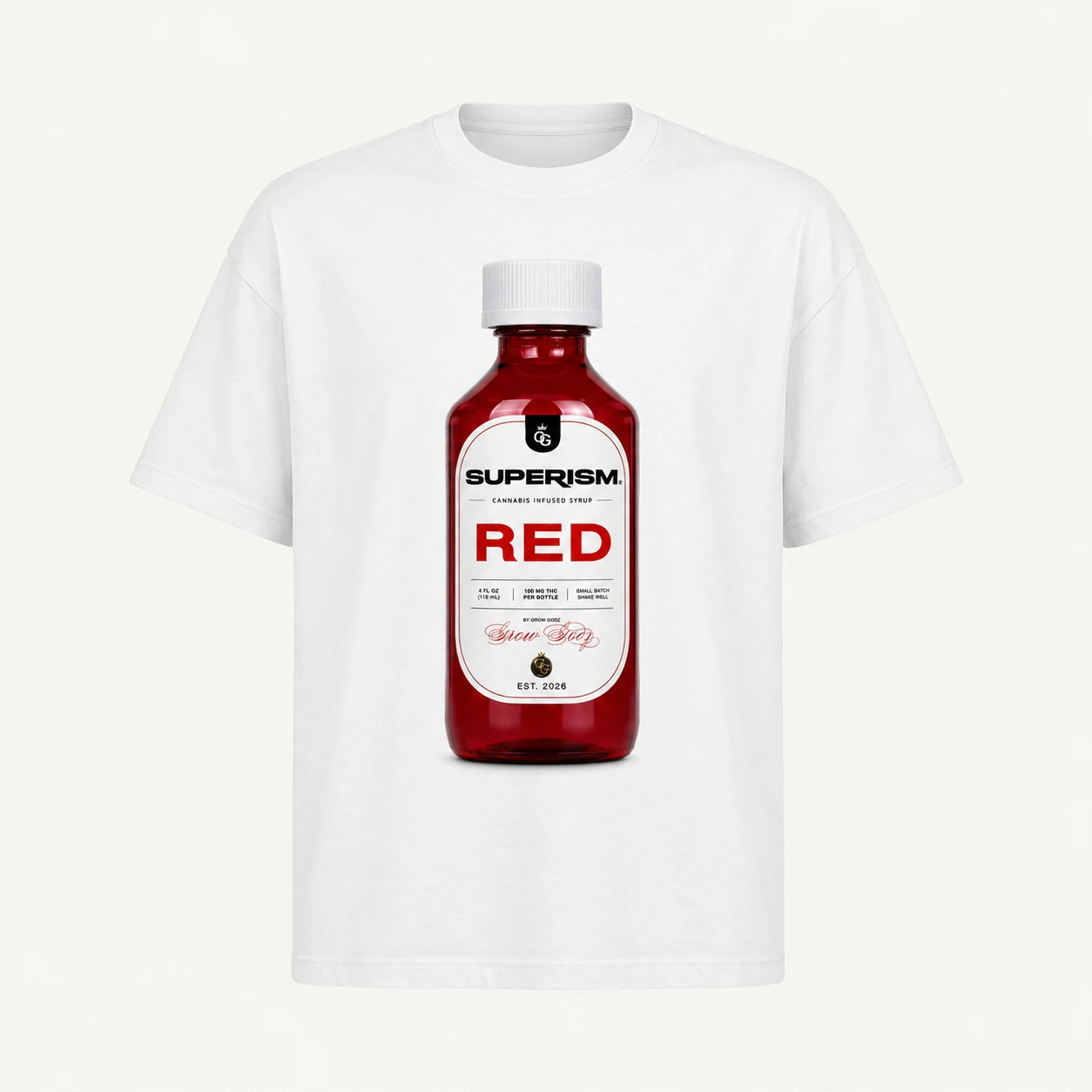 White T-shirt with Superism Red bottle artwork