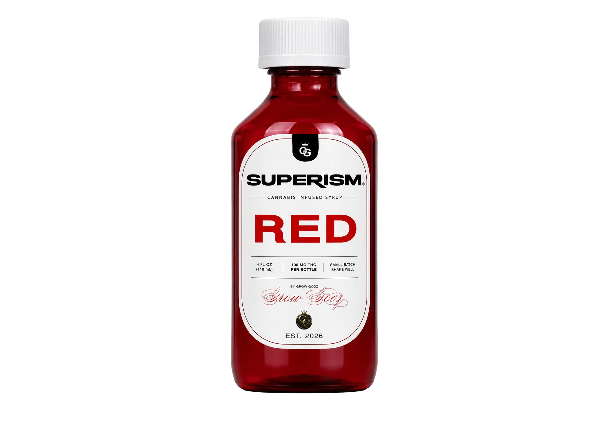 Superism Red cannabis syrup concept bottle