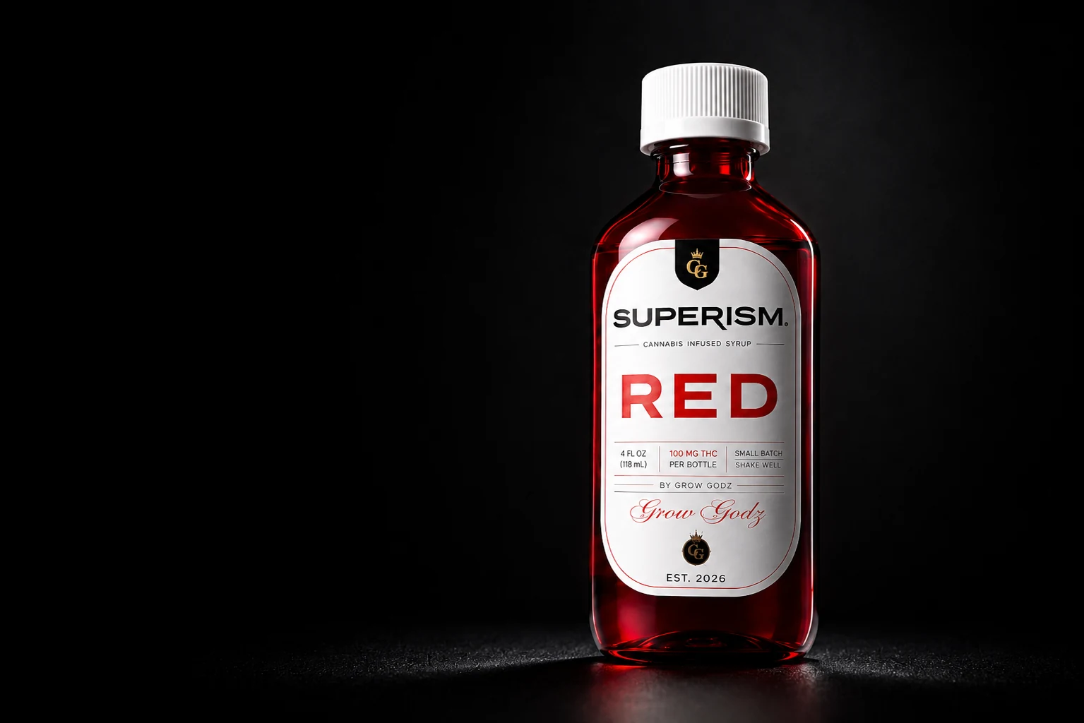 Superism Red cannabis syrup bottle